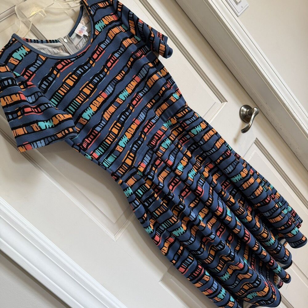 Lularoe Amelia Dress S Vintage Cassette Retro Blue multi print pockets comfy